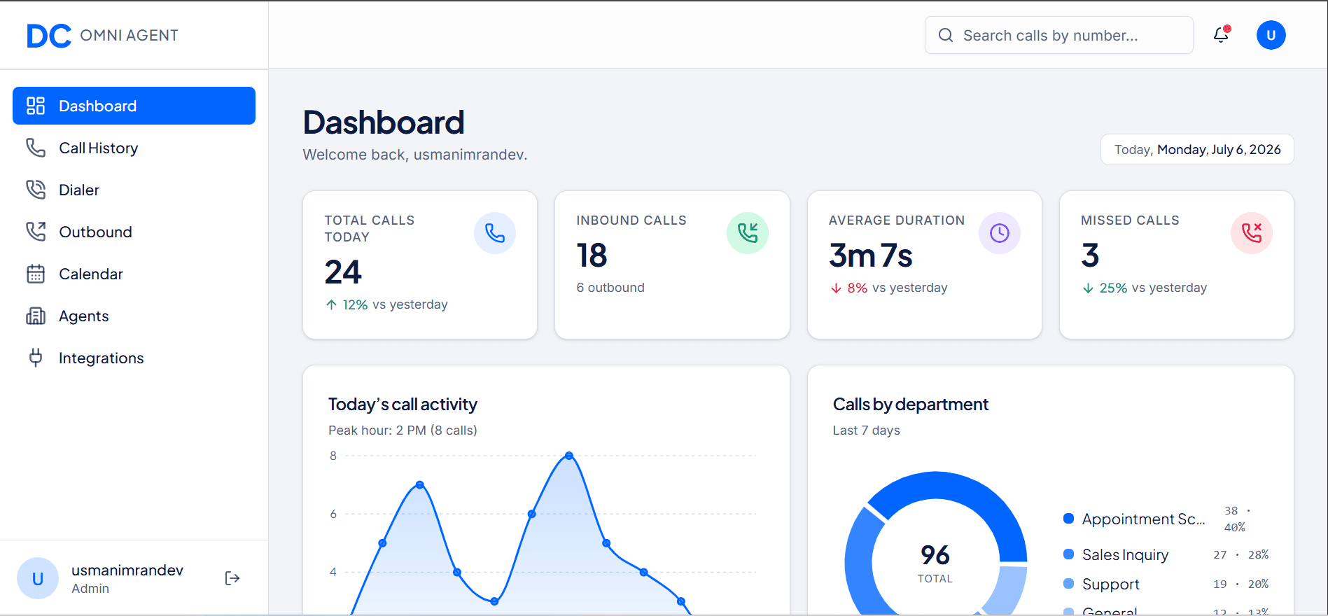 Omni Agent interface — AI voice · multi-tenant call operations